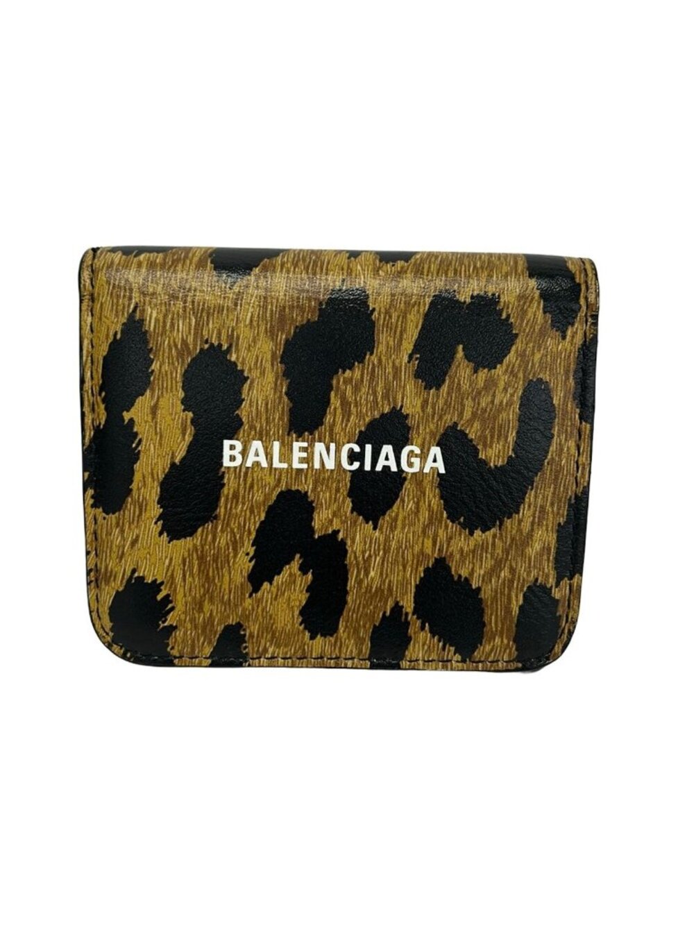 Balenciaga Bifold Wallet Cash Mini Brown Black Leopard Print Leather